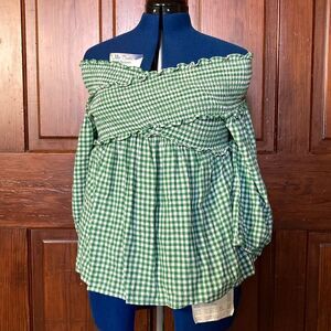 Sportsgirl Gingham Green Linen Viscose Off Shoulder Ruffle Smocked Top Size 12